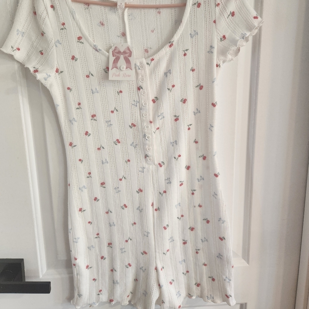 Pink Rose Cherry Print Pointelle Romper